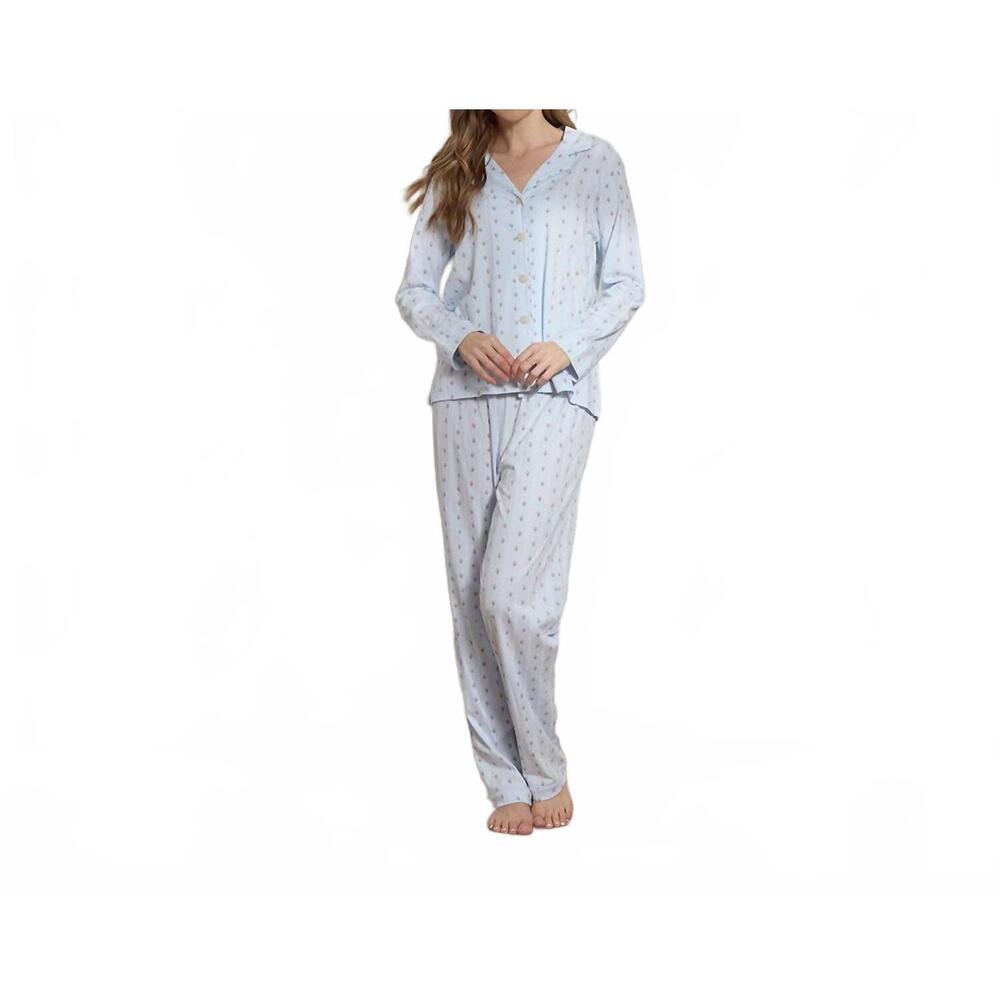 NEW THE SLEEP CODE women's printed organic pima cotton long pj set in blue bud s